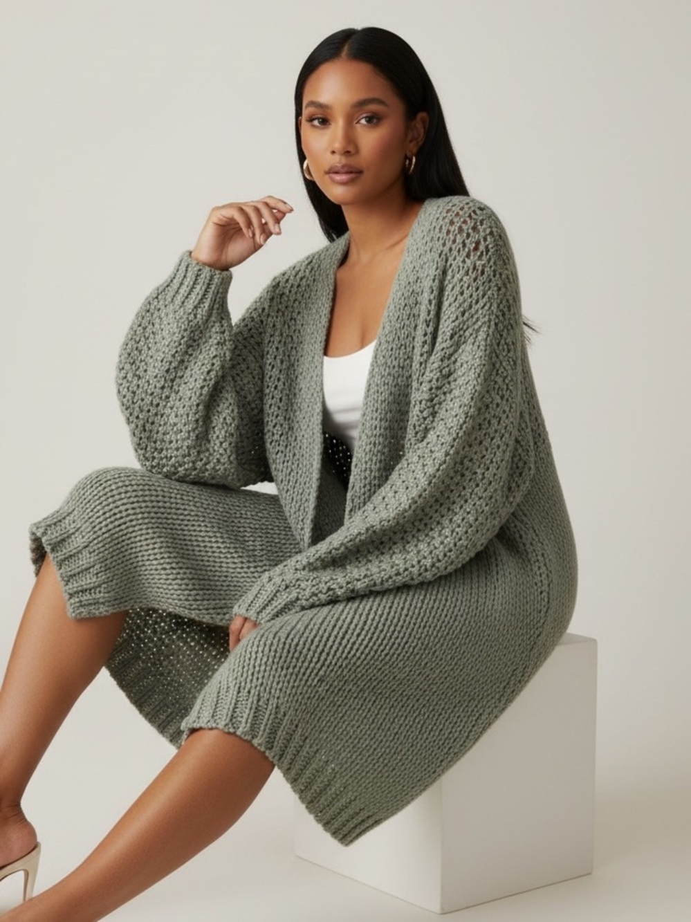 Missguided Open-Knit Long Cardigan Sweater - Sage